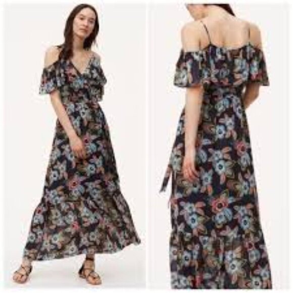 New WT Loft Floral Cold Shoulder Floral Maxi Dress with Ruffle Detail Size S - Picture 1 of 15